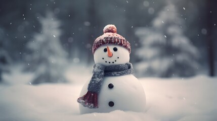 lovely snowman wearing a red hat and scarf, stands on the snowy ground with a smile. Winter, Christmas and new year concept.