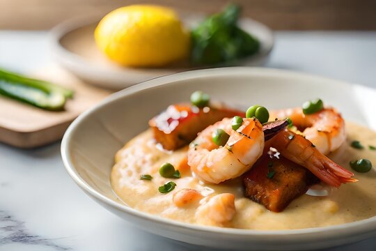 ?A picture of a plate with Shrimp and Grits is taken close in a studio with a really bright background.. AI Generated