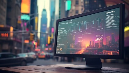 Computer screen with stock market data on the screen. 3d rendering - obrazy, fototapety, plakaty