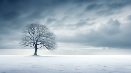 Minimalist winter landscape with a lone tree covered in snow