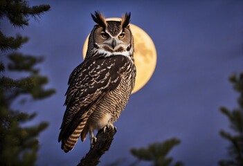 Obraz premium Owl Illuminated By Full Moon On Halloween Night