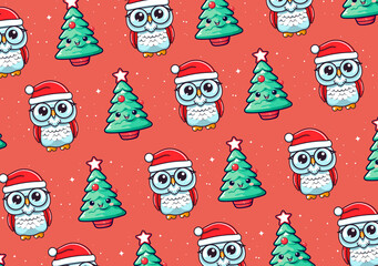 cute owl and christmas tree illustration, colorful christmas pattern