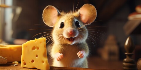 Cute mouse standing by eating delicious cheese AI Generative