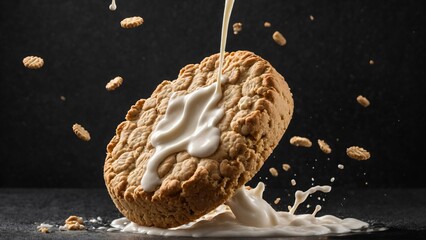 Tasty cookie with milk splash, Generated with AI