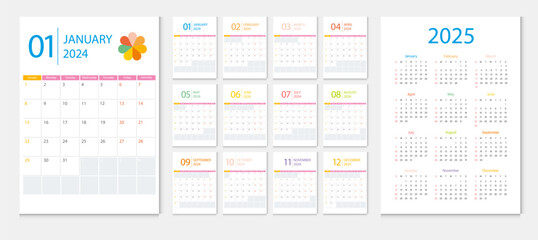 Calendar 2023, calendar 2024, calendar 2025 week start Sunday corporate design template vector. - obrazy, fototapety, plakaty
