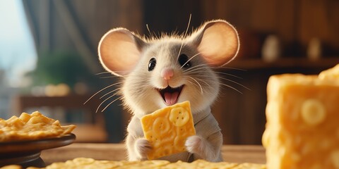 Cute mouse standing by eating delicious cheese AI Generative