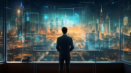 Businessman looking at night city from the window. 3D rendering