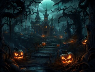 Halloween background with spooky castle and pumpkins, 3d render