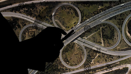 Intelligent Vehicles Cars Communicating Ai Logistic Autonomous Delivery Vehicles IoT GPS Tracking Satellite 5G Smart Roads Traffic Road Junction Interchange Motorway Triangulation Of Traffic Data