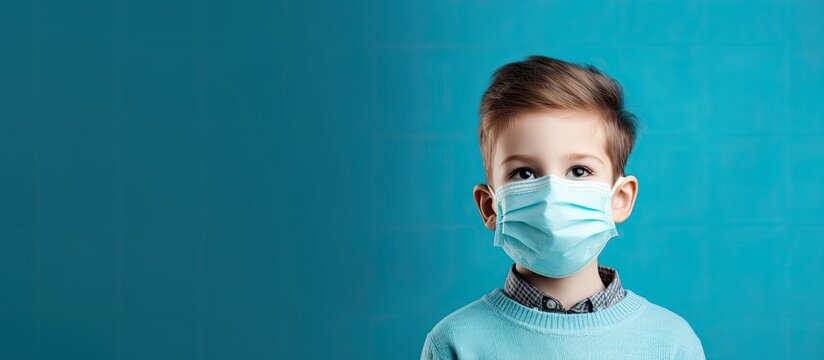Protective face mask for child during coronavirus and flu outbreak Preventing disease and illness in kids Surgical mask for coronavirus prevention Young student coughing Little boy attending