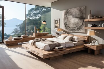 modern minimalist bedroom with light natural materials with modern art on the walls