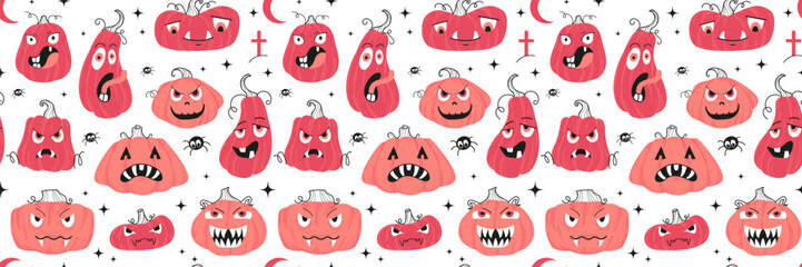 Seamless pink pumpkins for Halloween. Pumpkin with smile for your design for the holiday Halloween.