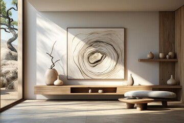 modern minimalist entrance hall with light natural materials with modern art on the walls