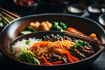 ?The camera is moving closer to show a yummy and popular Korean food called Bibimbap. Sometimes, it can be difficult to figure out or comprehend what is going on and why it is occurring.. AI Generated - obrazy, fototapety, plakaty
