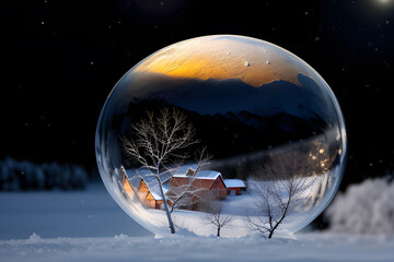 Abstrakcyjna bańka mydlana przedstawia krajobraz zimowy. Generative AI - obrazy, fototapety, plakaty