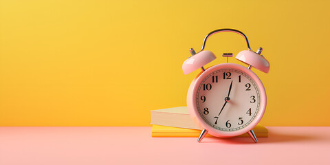 Alarm clock and book on yellow and pink background. - obrazy, fototapety, plakaty