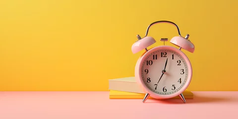 Fotobehang Alarm clock and book on yellow and pink background. © zunaira