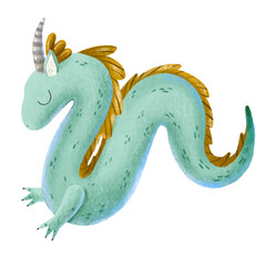 Magic green dragon with horn of fairy tales. Chinese bright green new year character, characters for games. Cartoon style illustration. Fantasy green monster beasts isolated on white background