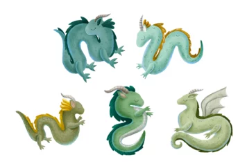 Papier Peint photo Dragon set of magic fairy tale chinese dragons with wing, paw and horn. Fairy character for new year. Green cartoon animals on white background, isolated hand painted design