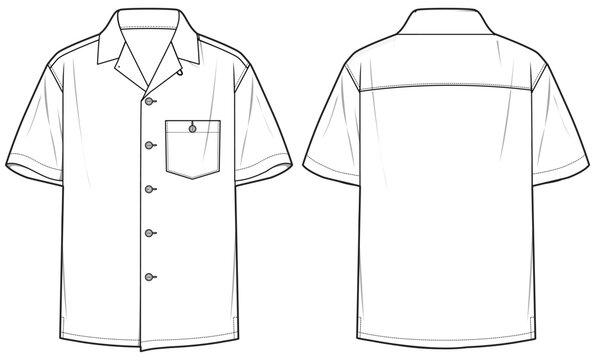 Fototapeta Men's short sleeve hawaiian resort shirt flat sketch illustration with front and back view, Cuban collar mens aloha shirt for safari casual wear fashion illustration template mock up