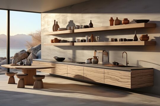 modern minimalist kitchen with light natural materials with modern art on the walls