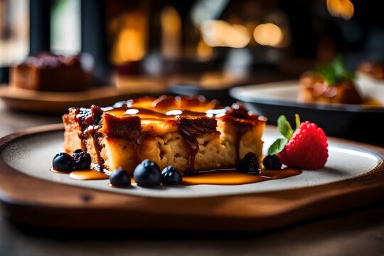?The camera gets closer to a delicious dessert called Bread Pudding, and there is a nice restaurant in the distance.. AI Generated