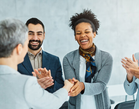 Young Business People Meeting Office Handshake Hand Shake Shaking Hands Teamwork Group Contract Agreement Black Happy Smiling Success Corporate Applause Applauding Woman