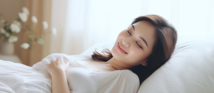 Asian pregnant woman resting happily on bed smiling and savoring motherhood With copyspace for text