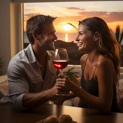 A happy couple toasting wine glasses at sunset