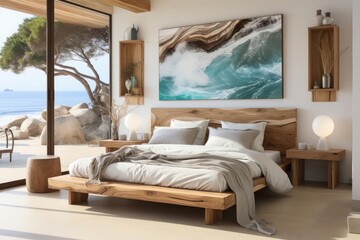 modern minimalist master bedroom with light natural materials with modern art on the walls