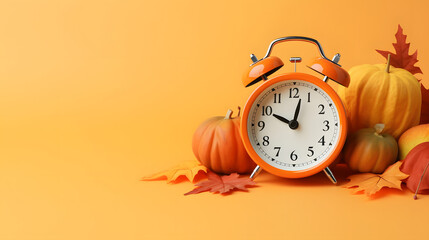 Alarm clock with autumn leaves and pumpkin on orange background - obrazy, fototapety, plakaty