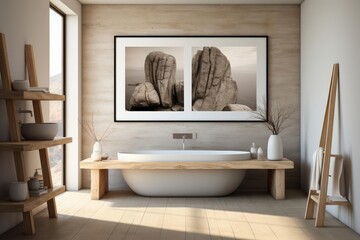modern minimalist bathroom with light natural materials with modern art on the walls