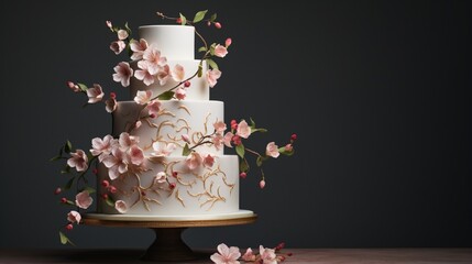An elegant wedding cake, adorned with intricate fondant designs and delicate flowers, set against a minimalist, solid backdrop, as if photographed by a high-definition camera