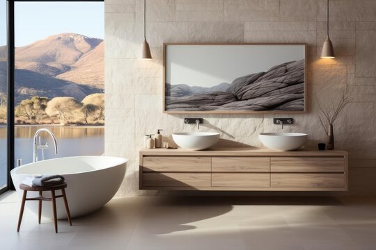 modern minimalist bathroom with light natural materials with modern art on the walls