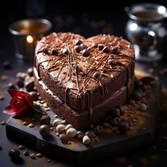 A heart shaped chocolate cake with chocolate pieces on top