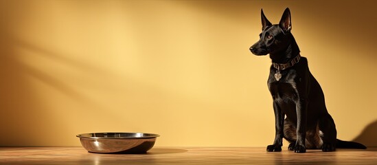Empty food dish observed by shadow puppet dog With copyspace for text - obrazy, fototapety, plakaty