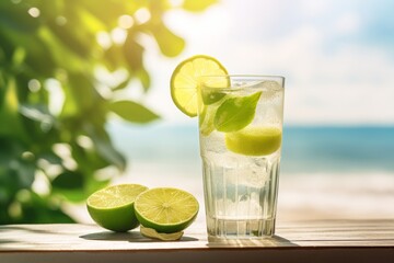 A refreshing glass of Lemon Lime Soda, garnished with a slice of lime, placed on a rustic wooden table under the warm summer sun