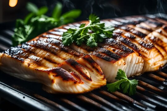 ﻿The camera zooms in on a picture of Grilled Halibut. It is being cooked on a grill with flames shooting in the background.. AI Generated