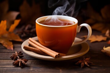 A warmly lit scene of a comforting cup of orange cinnamon tea, steam gently rising from the mug, nestled among autumn leaves and cinnamon sticks
