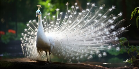 A beautiful white peacock showing off its beautiful feathers, AI Generative - obrazy, fototapety, plakaty