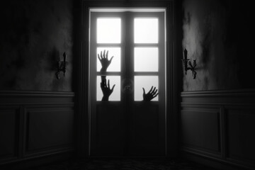 Suspense behind the door. many hands outside the window in the door reaching out to us. feeling of danger. Generative AI