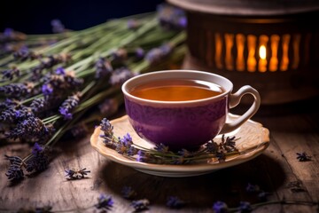 Obraz na płótnie Canvas A steaming cup of Earl Grey with Lavender tea, served in a delicate china cup, sits on a rustic wooden table, surrounded by fresh lavender sprigs and a vintage teapot