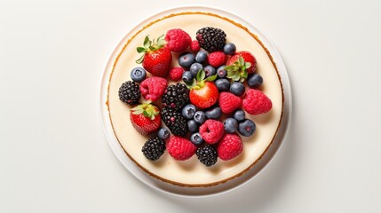 An overhead shot of a fruit-filled cheesecake, garnished with fresh berries, on a minimalist, solid background, as if taken by a high-definition camera