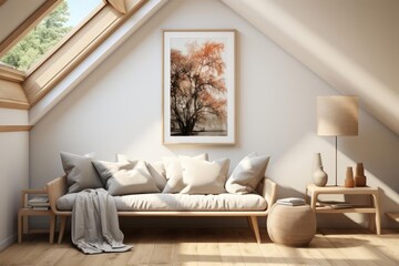 modern minimalist scandinavian upstairs landing with light natural materials with modern art on the walls