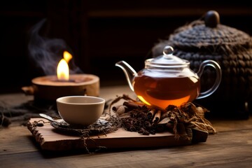 A steaming cup of milk tea nestled on a rustic wooden table, surrounded by loose tea leaves, a vintage teapot, and a cozy knit blanket