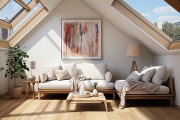 modern minimalist scandinavian upstairs landing with light natural materials with modern art on the walls
