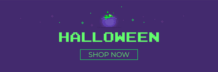 Fototapeta na wymiar Halloween horizontal sale banner. Email marketing header. Vector violet background design with 8-bit pixel art witch's cauldron. Promotion template with poison pot