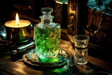 Obraz na płótnie Canvas A Vintage Bottle of Absinthe Resting on a Wooden Table, Illuminated by the Soft Glow of a Nearby Candle, with Traditional Absinthe Spoons and Sugar Cubes Nearby