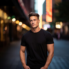 Fototapeta premium Male Model wearing black cotton t shirt standing in city street