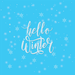 Hello Winter handwritten calligraphy inscription on blue watercolor background with snowflakes. Hand drawn winter inspiration phrase. Vector illustration.
